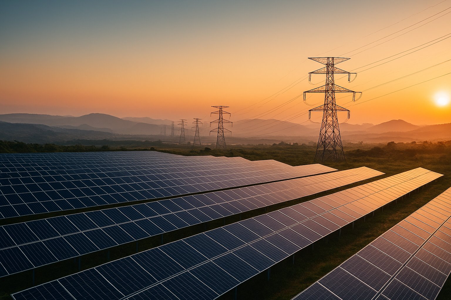 Solar and grid infrastructure at dusk
